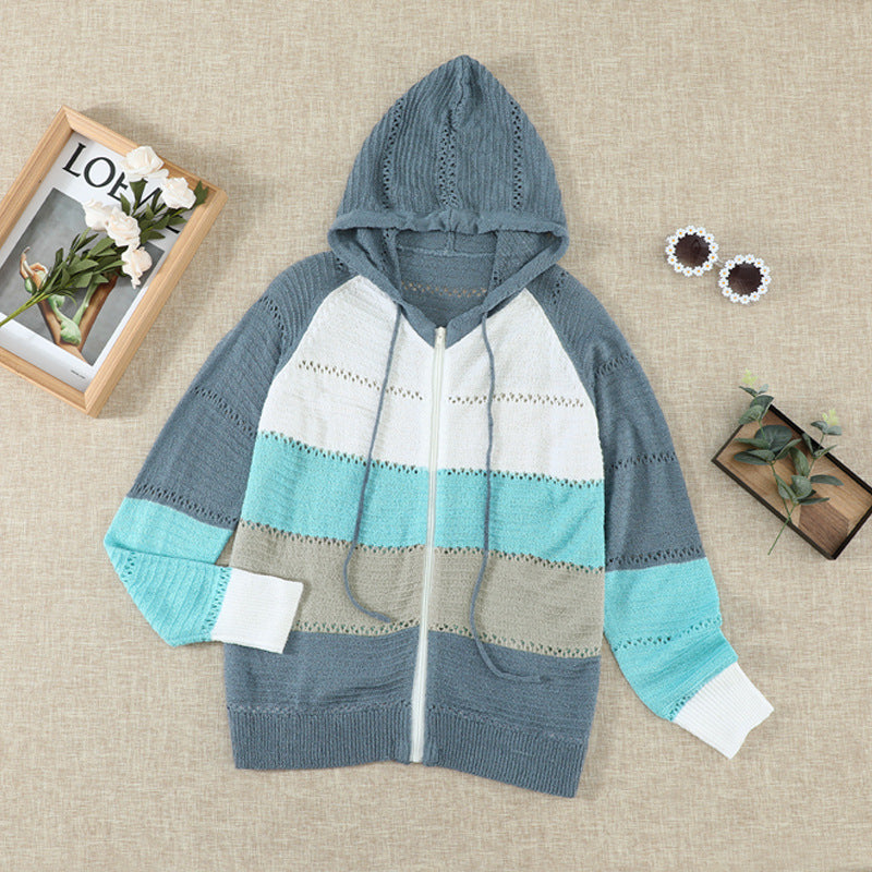Women's casual cardigan with hood and decorative openwork pattern, size