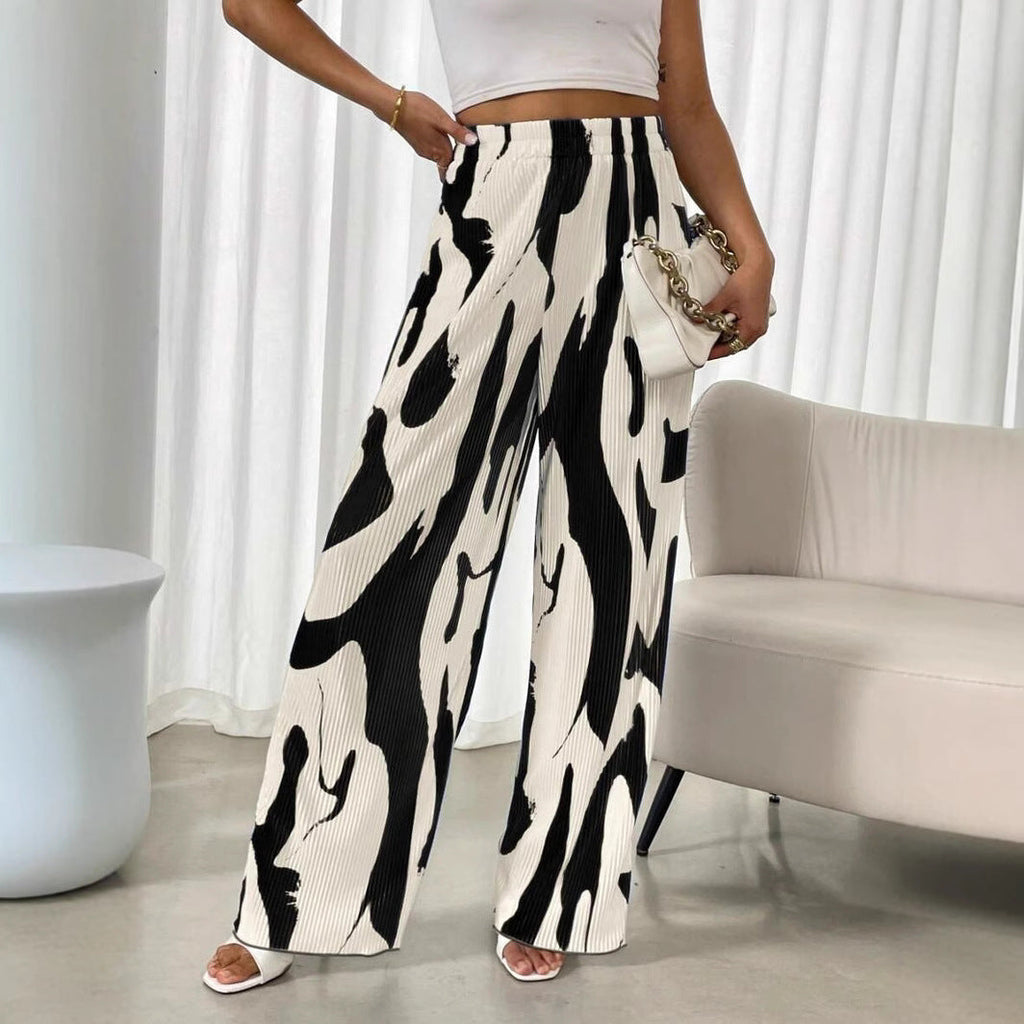 Women's wide pleated trousers with elasticated waistband and fashionable pattern, size [size]