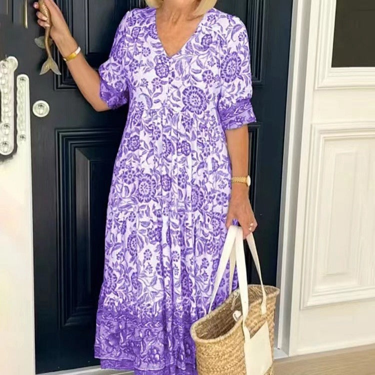Valenzora | Three-quarter sleeve long floral tie-dye print dress