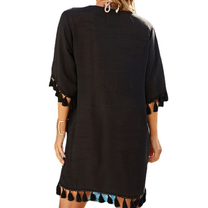 Women's casual beach tunic with fringed hem and wide sleeves, size Valenzora