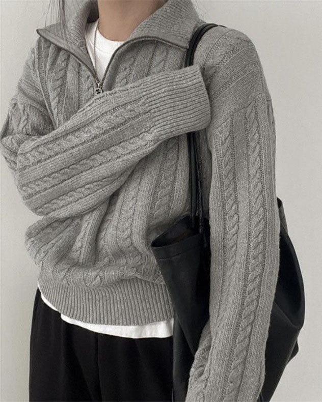 Valenzora Vintage Rollkragen-Reißverschluss-Twist-Strickpullover