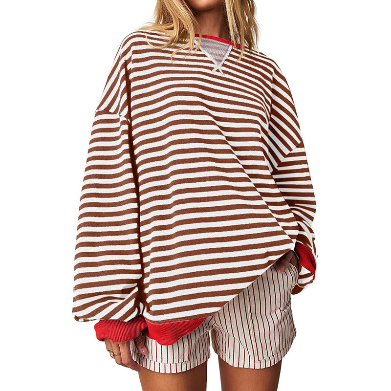 Women's Comfortable Striped Sweater with Raglan Sleeves and Elastic Cuffs Size