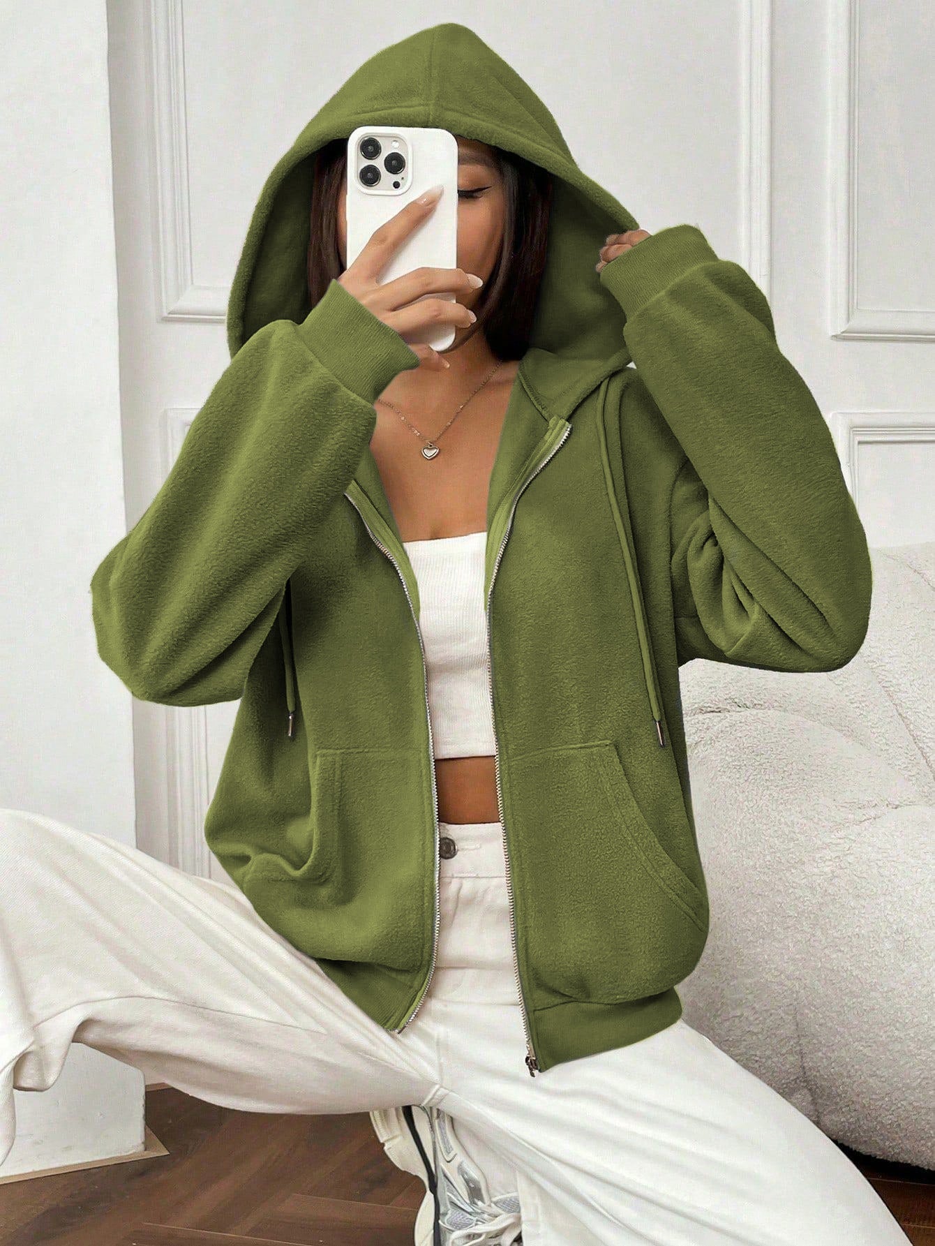 Women's fleece jacket with hood and zipper, size