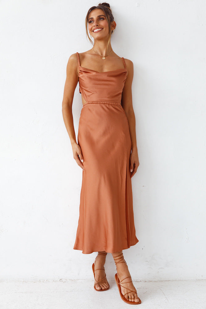 Women's satin midi dress with sophisticated ruffle details and elegant comfort, size S