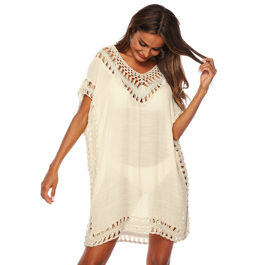 Women's beach tunic with artistic crochet embellishments, size Valenzora