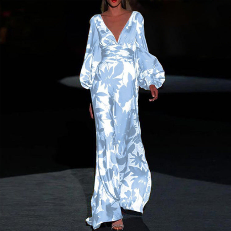 Women's Elegant Maxi Jumpsuit with Floral Patterns and Deep V-Neck Size