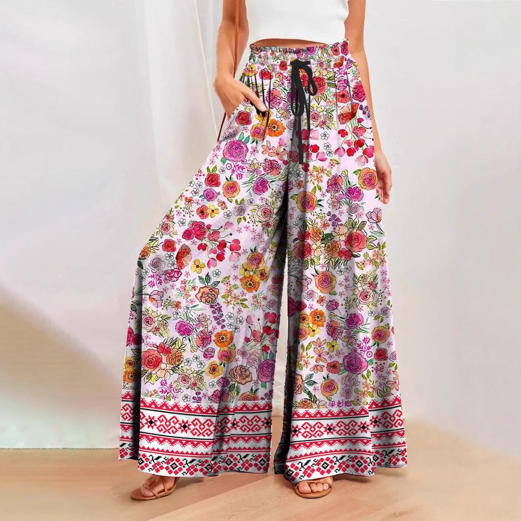 Damenhose mit weitem Bein, Blumenmuster, elastischem Bund und praktischen Taschen, Größe