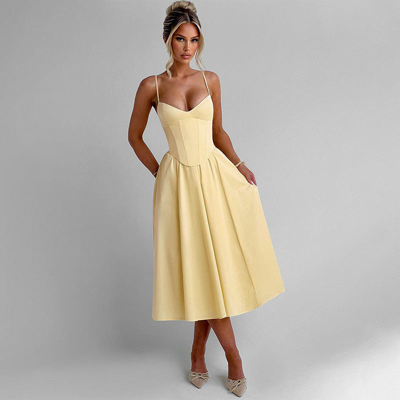 Women's midi dress with fitted bodice and flowing skirt, size [size]