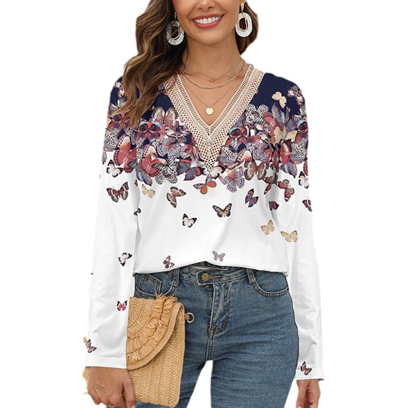 Women's long-sleeved shirt with floral lace V-neck and elegant pattern, size