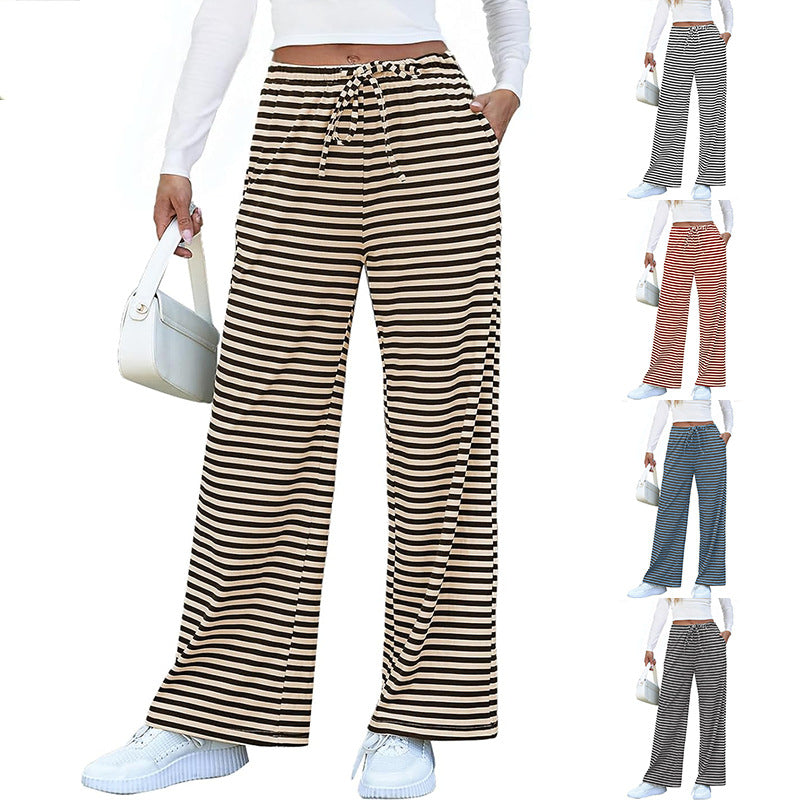 Women's wide-legged striped trousers with elasticated waistband and drawstring, size