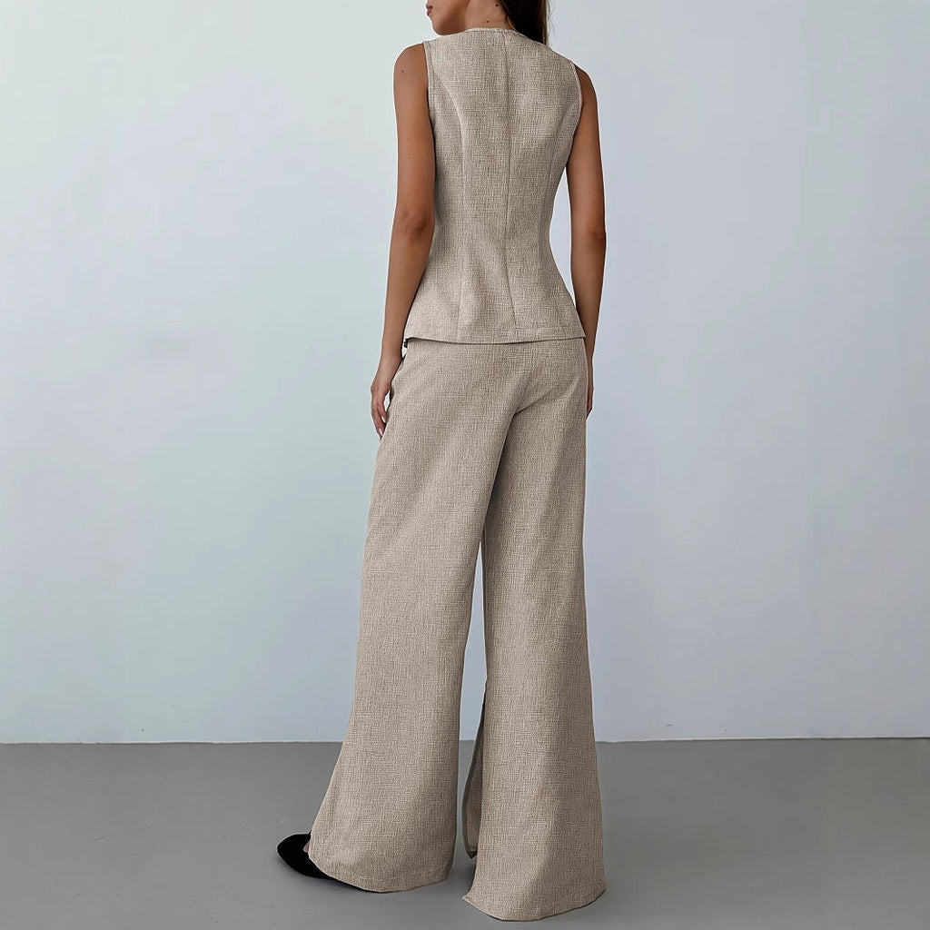 Women's elegant suit set with tailored blazer and wide-leg trousers, size