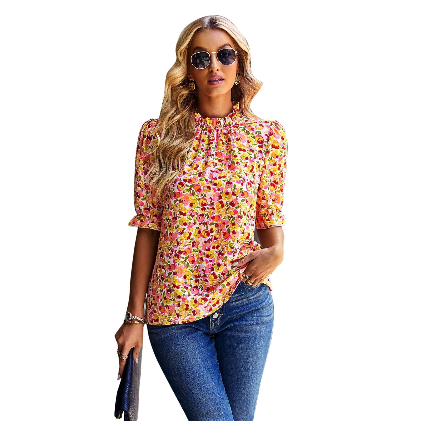 Women's blouse with playful floral design and puff sleeves, size