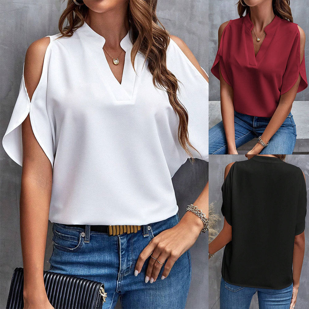 Women's short-sleeved blouse with an elegant V-neck and airy butterfly sleeves, size [size missing]