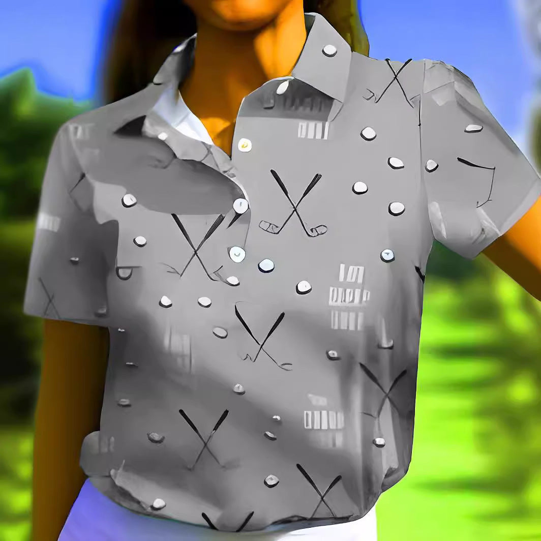 Women's short-sleeved shirt with a fashionable golf print and comfortable cut, size S