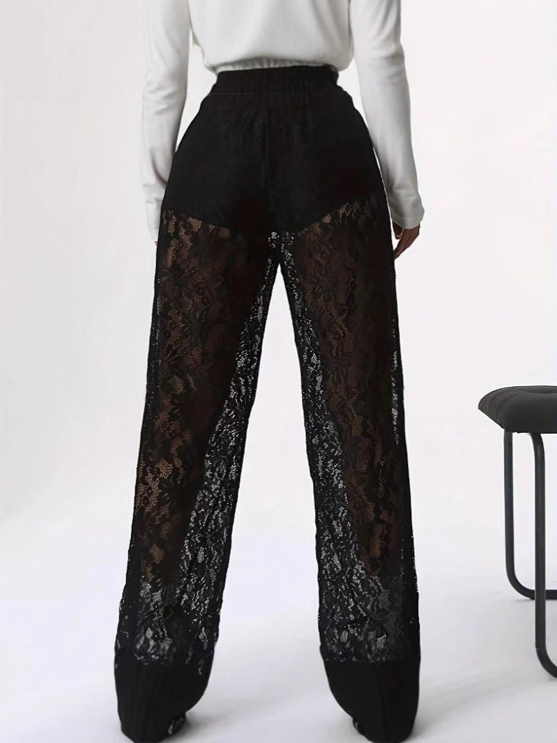 Elegante Damen-Spitzenhose mit weitem Schnitt und elastischem Bund, Größe