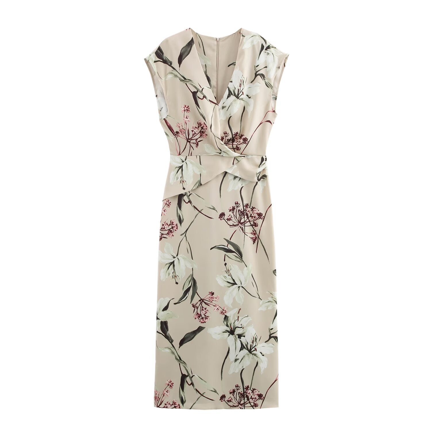 Valenzora | V-neck Textured Floral Print Midi Dress
