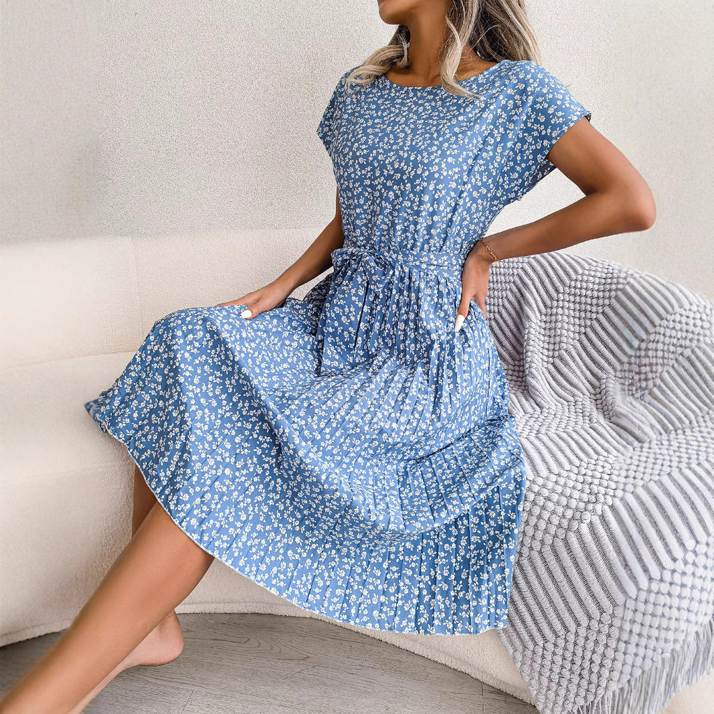 Valenzora | Spring Casual Short Sleeve Floral Large Swing Pleated Skirt