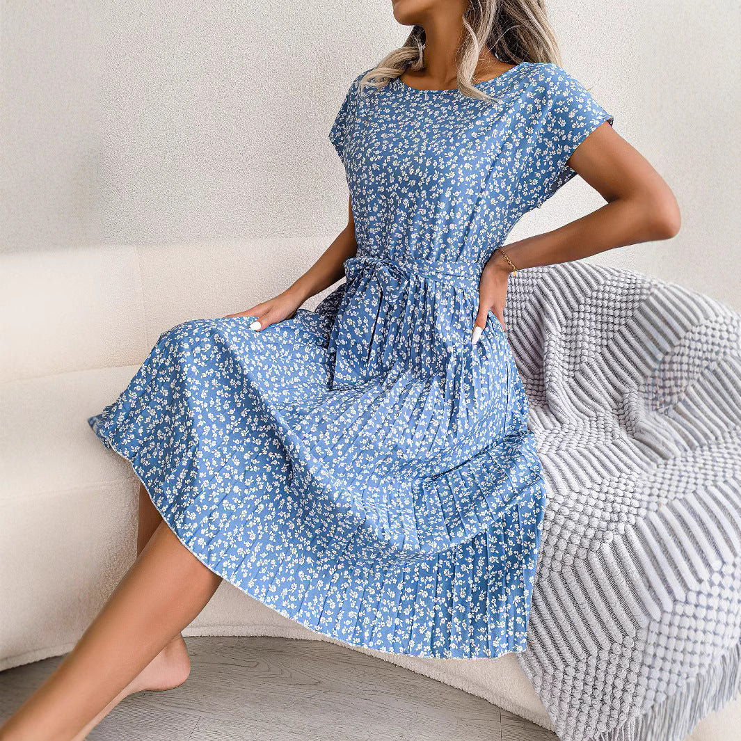 Valenzora | Spring Casual Short Sleeve Floral Large Swing Pleated Skirt