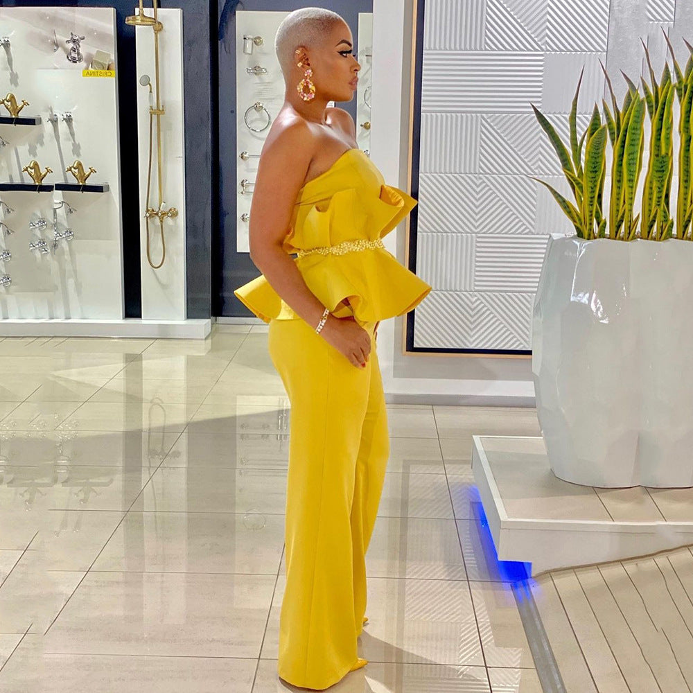 Women's jumpsuit with voluminous ruffle design and off-the-shoulder top, size