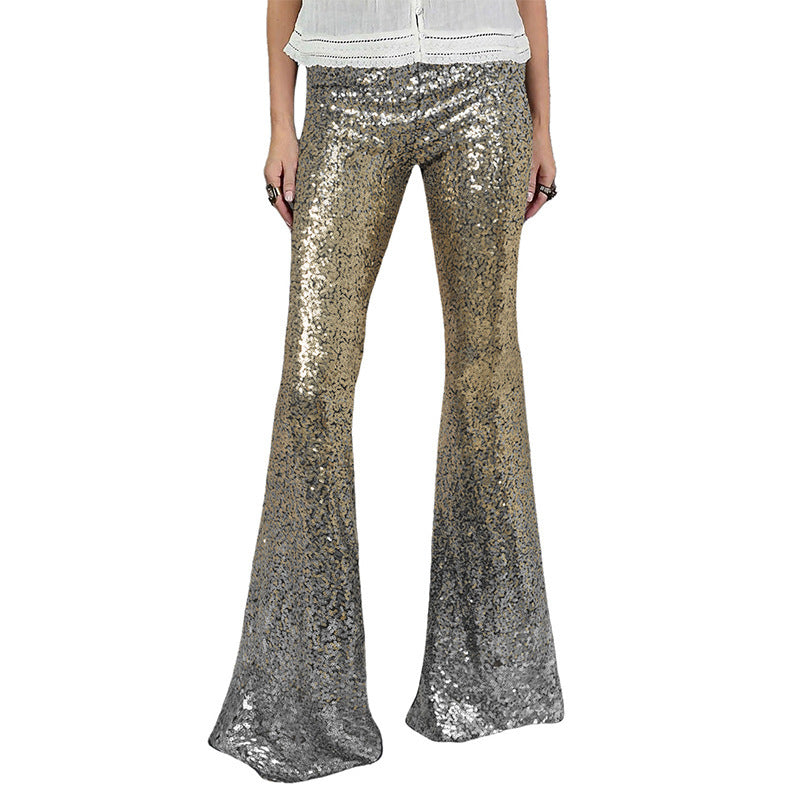 Women's Glittering Flared Trousers with Luxurious Sequin Pattern, Size