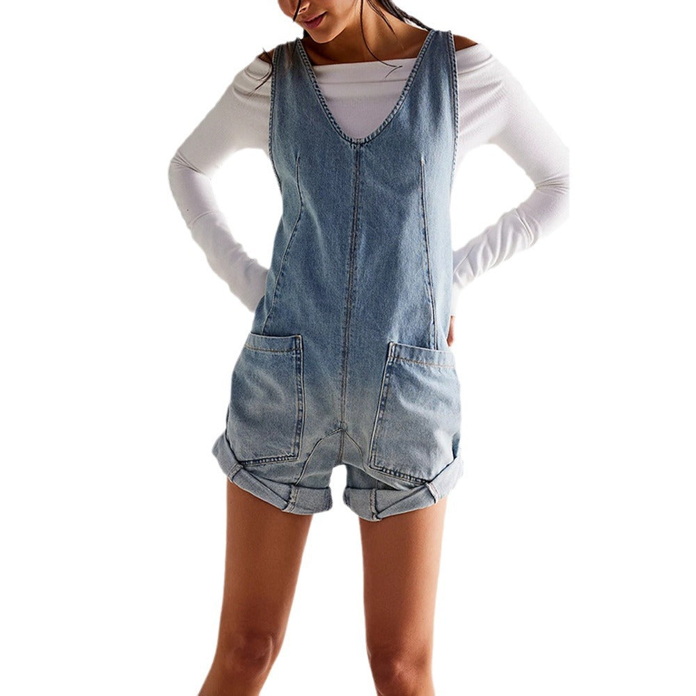 Valenzora | Washed Denim Adjustable Strap Shorts Jumpsuit