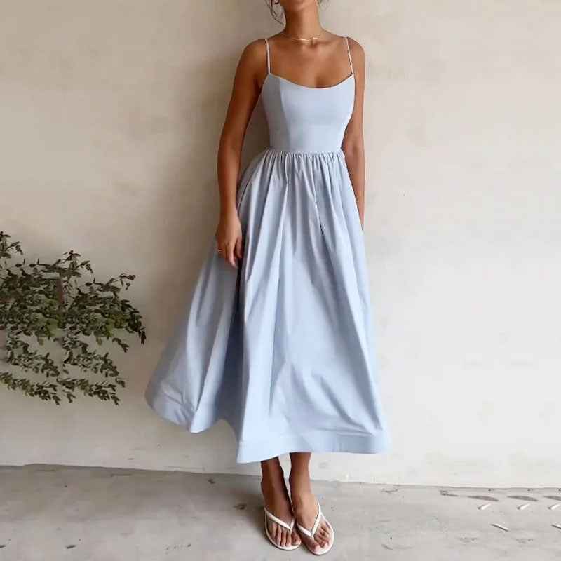 Valenzora | Midi dress, spaghetti straps, square neckline, flared skirt, elegant fit
