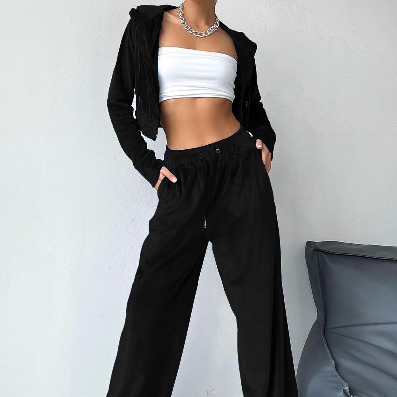 Women's sporty leisure set with casual hooded jacket and wide-leg trousers, size S