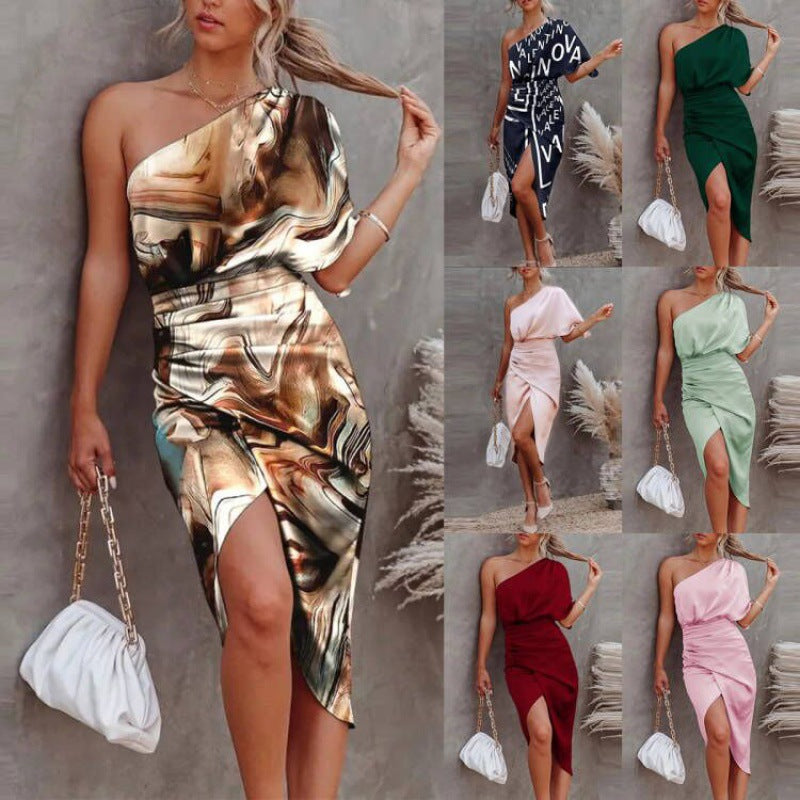 Women's chic, asymmetrical evening dress with an elegant slit and sophisticated draping, size Valenzora