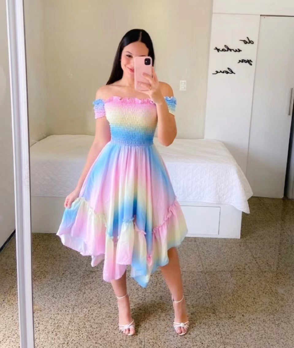 Damen-Sommerkleid, schulterfrei, mit buntem Schmetterlingsmuster und fließenden Falten, Größe S