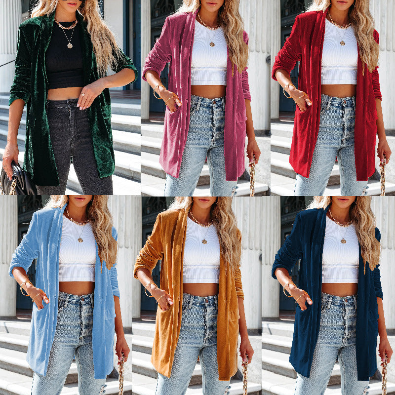 Damen lässige Long-Strickjacke mit seitlichen Eingrifftaschen und offenem Schnitt, Größe