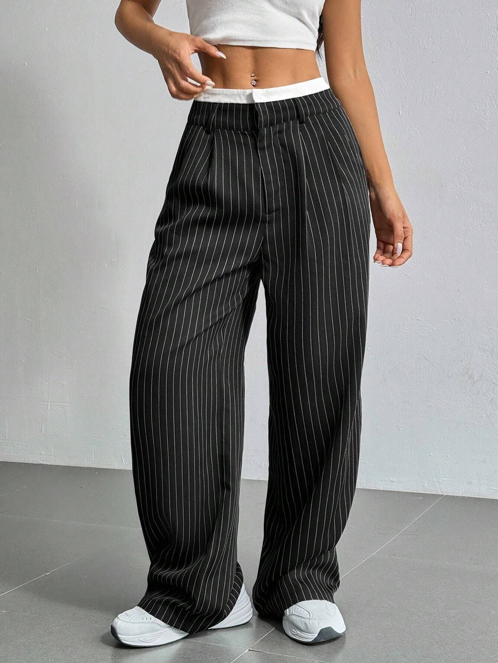 Women's Elegant Wide-Leg Pinstripe High-Waisted Trousers, Size