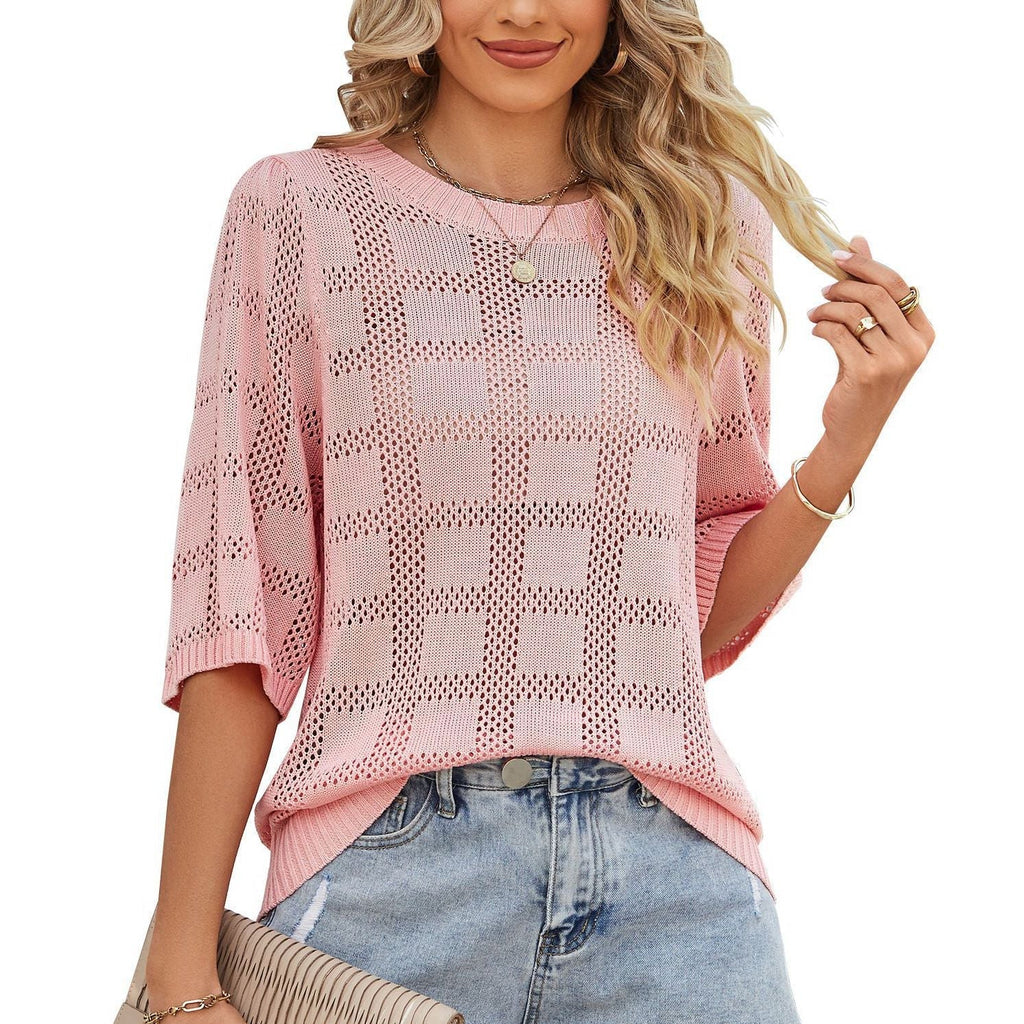 Women's airy knit top with a loose fit and modern openwork pattern, size