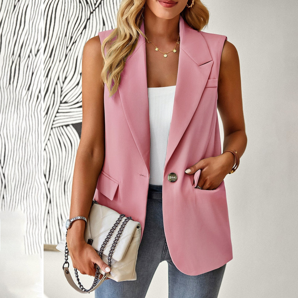 Women's casual sleeveless blazer with a tailored cut and elegant pockets, size S