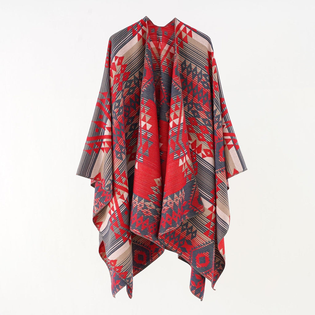 Women's geometric throw poncho with warm material and trendy pattern, size S