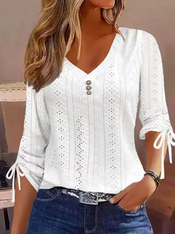 Women's blouse shirt with sophisticated openwork pattern and button details, size