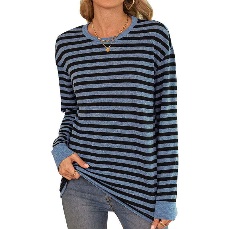 Women's comfortable long-sleeved shirt with striped design and round neckline, size
