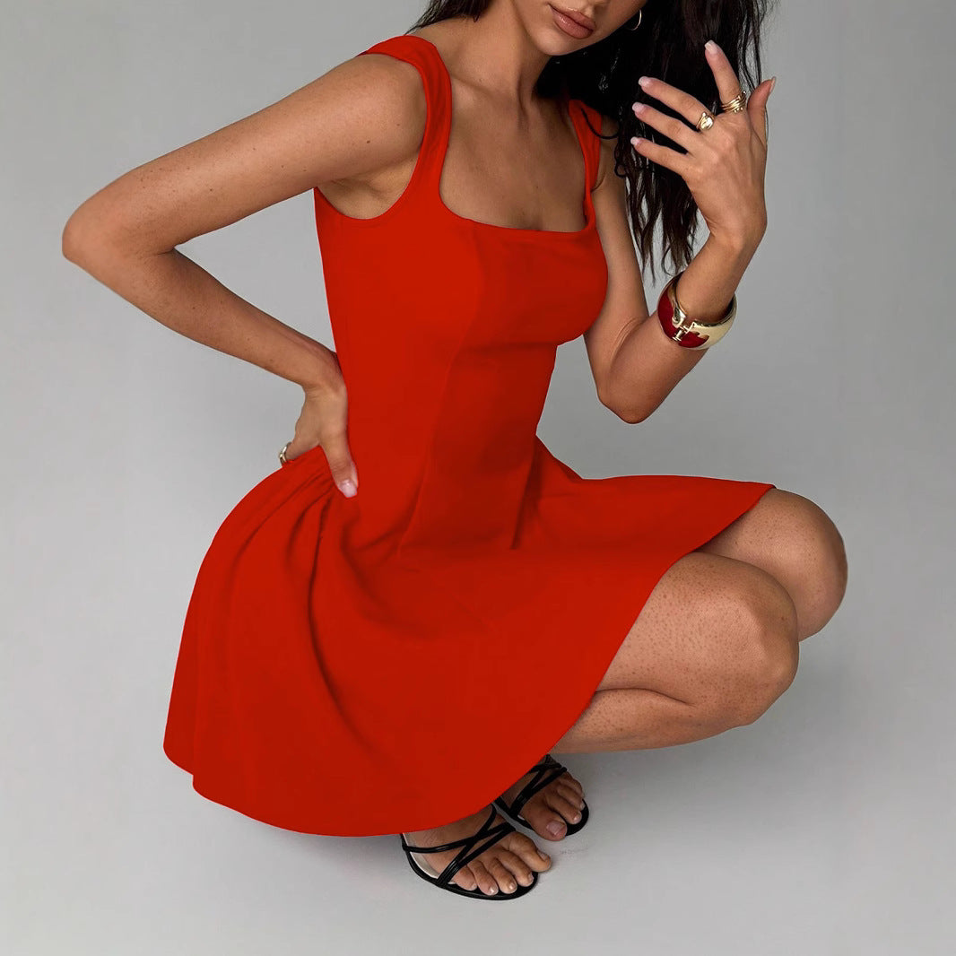 Damen A-Linien-Kleid mit eckigem Ausschnitt und Tellerrock, Größe