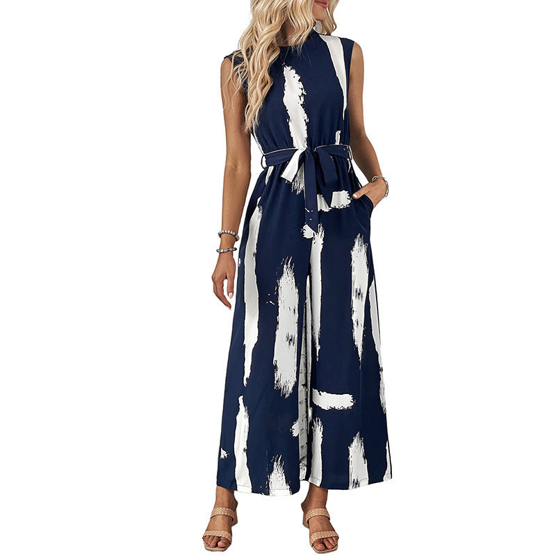 Women's jumpsuit with a modern striped pattern and practical tie belt, size