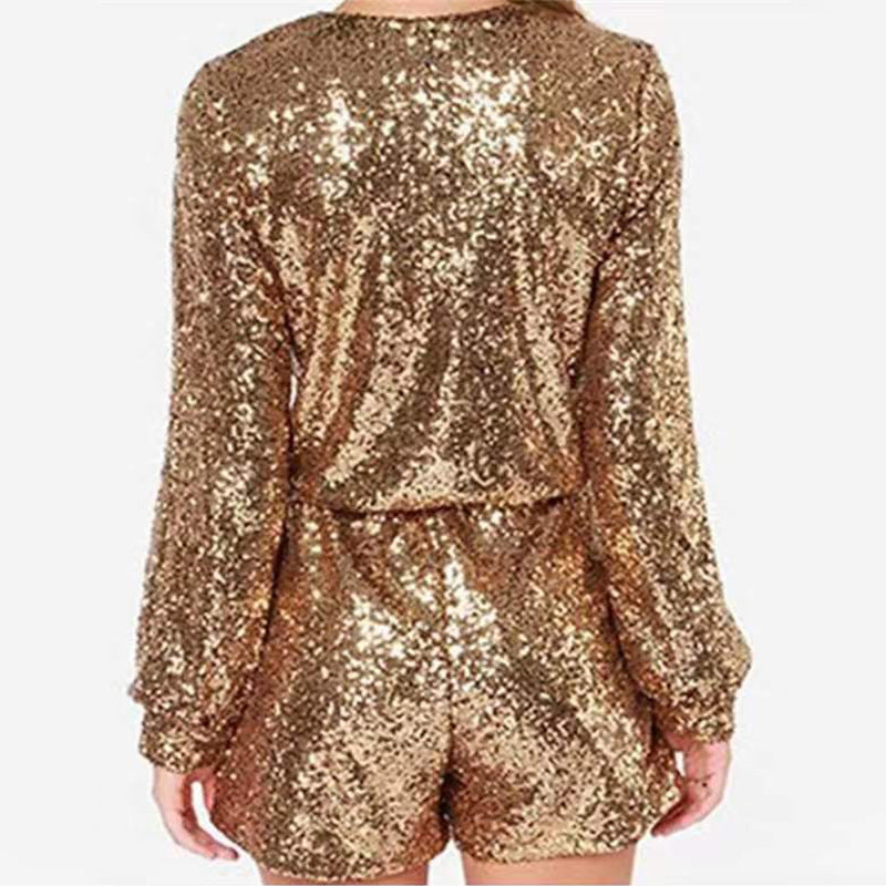 Women's Glittering Jumpsuit with Deep V-Neck and Sparkling Sequin Trim, Size