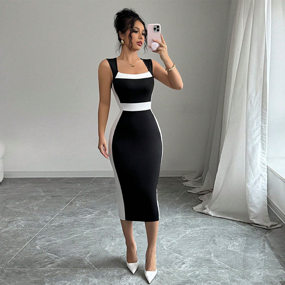 Women's figure-hugging midi dress with elegant color contrast and chic neckline, size [size missing]