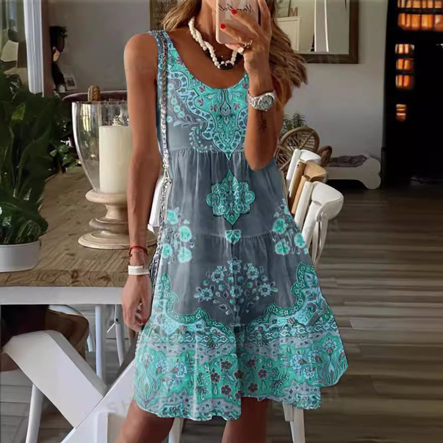Women's summer tunic dress with floral patterns and a flowing skirt, size S