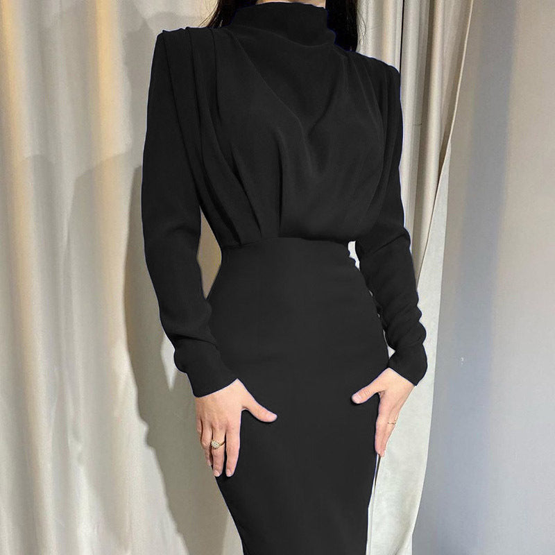 Women's elegant midi dress with high neckline design and draping, size S