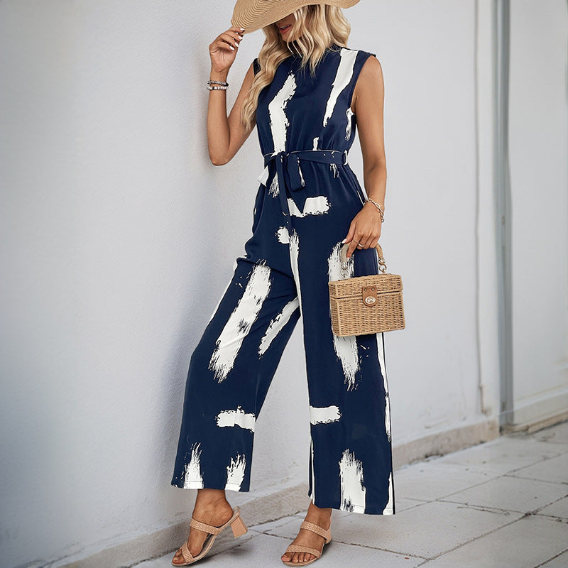 Women's jumpsuit with a modern striped pattern and practical tie belt, size
