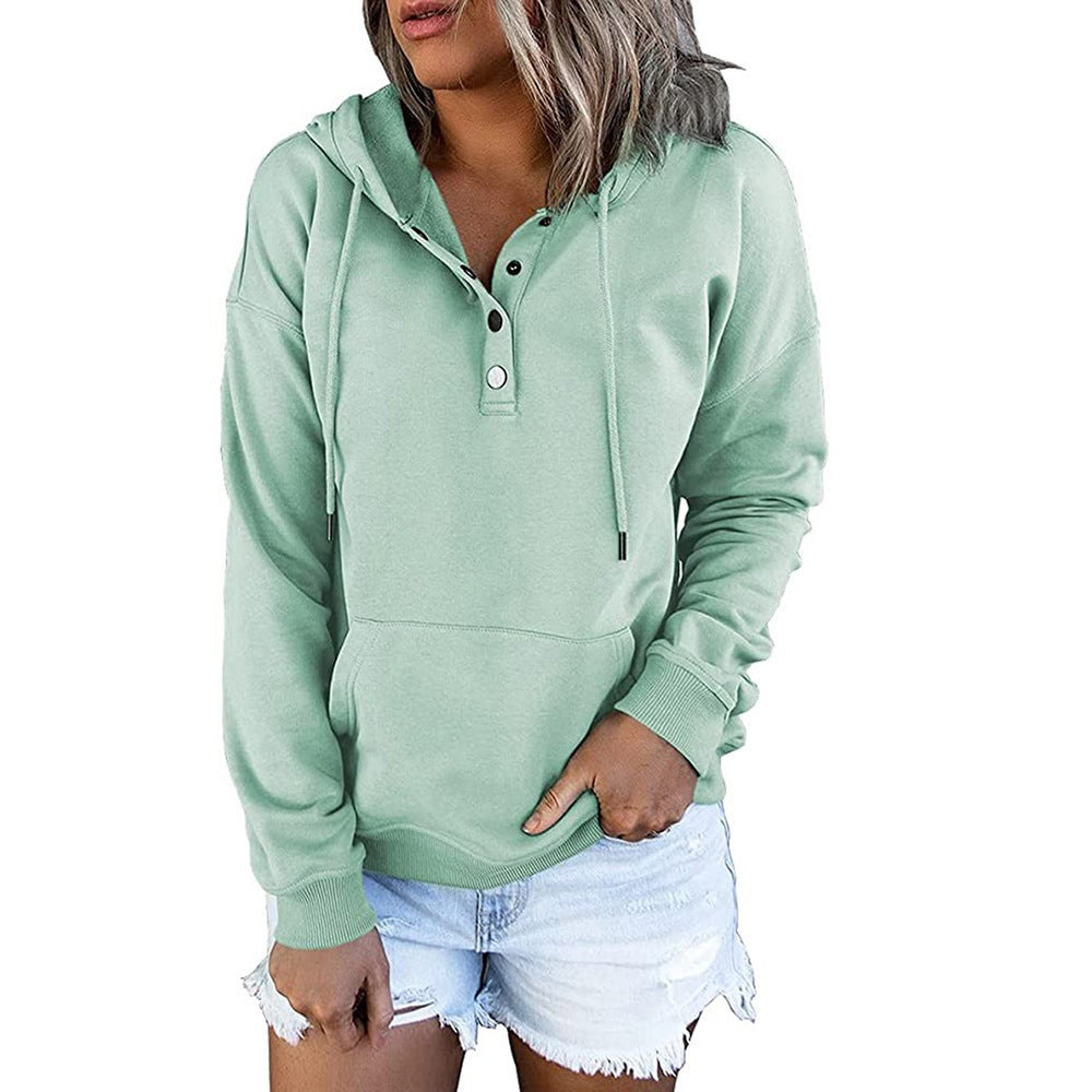 Women's hooded sweatshirt with button placket and relaxed fit, size