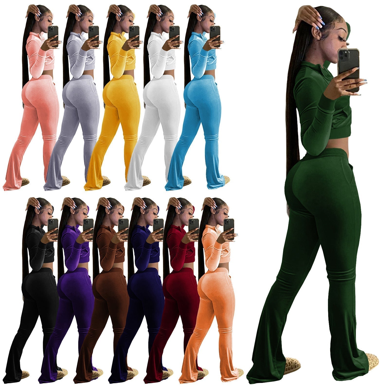 Women's velour tracksuit with zip front and wide-leg trousers, size