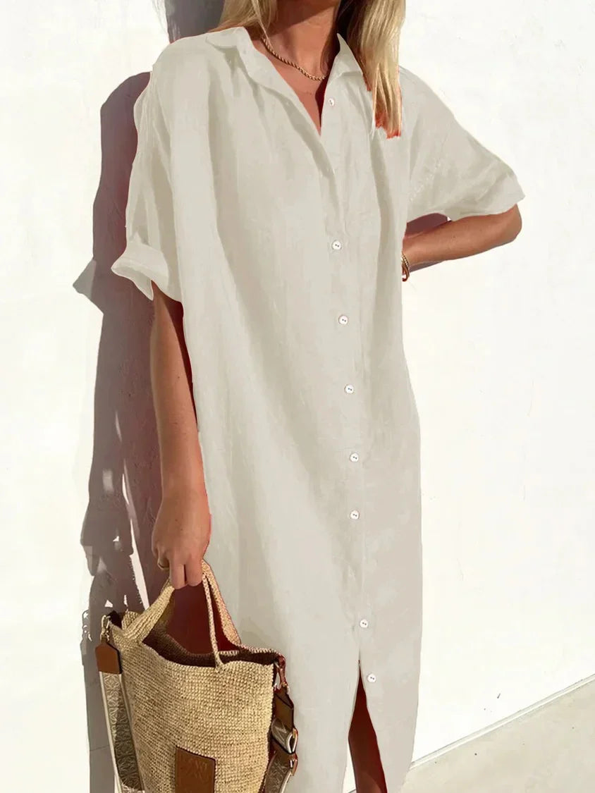Valenzora | Hemdblusenkleid mit weitem Ausschnitt und schmalen Ärmeln, elegant und lässig, für Damen, Baumwoll- und Leinenkleider