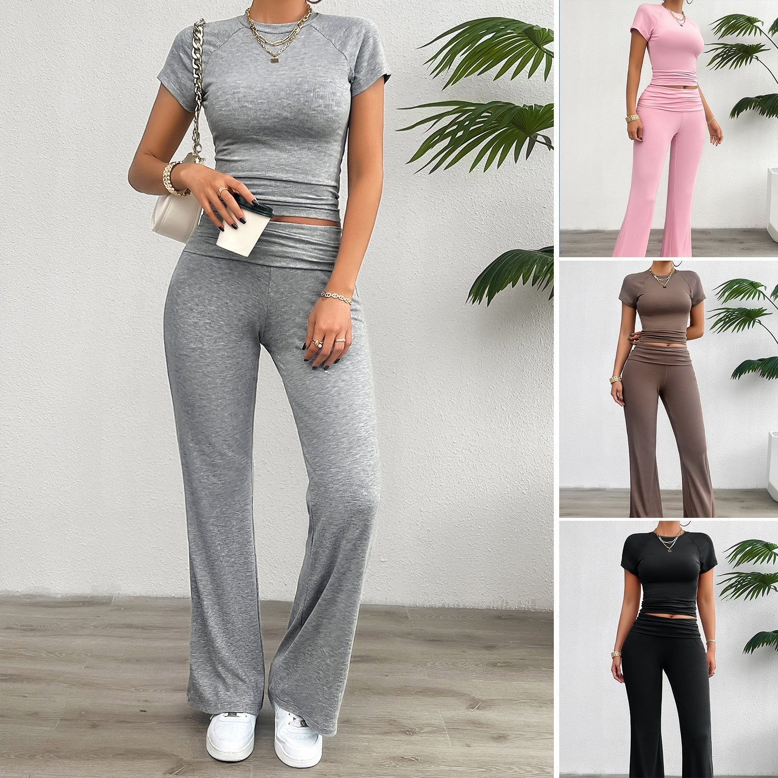 Women's casual loungewear set with cropped top and wide-leg trousers, size