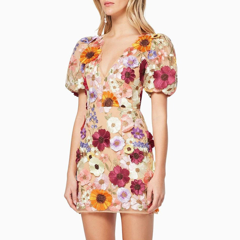 Valenzora | 3D Floral Bodysuit Lantern Sleeve Embroidered Dress
