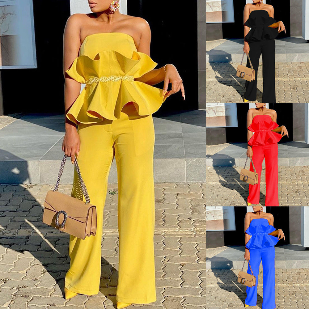 Women's jumpsuit with voluminous ruffle design and off-the-shoulder top, size