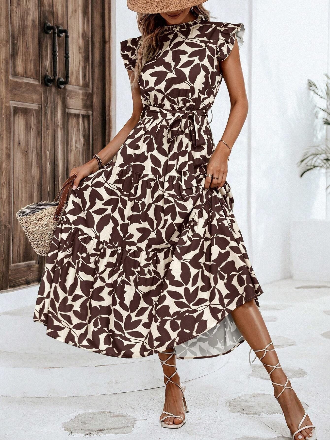 Women's casual midi dress with ruffles and floral pattern, size